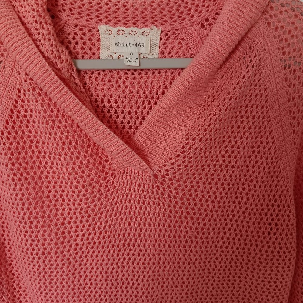 SHIRT 469 Crochet Coral Embroidered Linen Hooded Pocket Pullover Sweater Size S